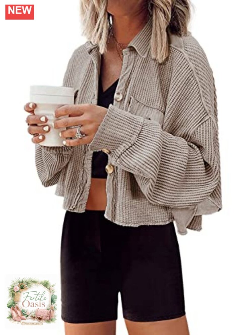 Waffle Knit Cropped Cardigan Jacket Cozy Casual Shacket Long Sleeve Oversized